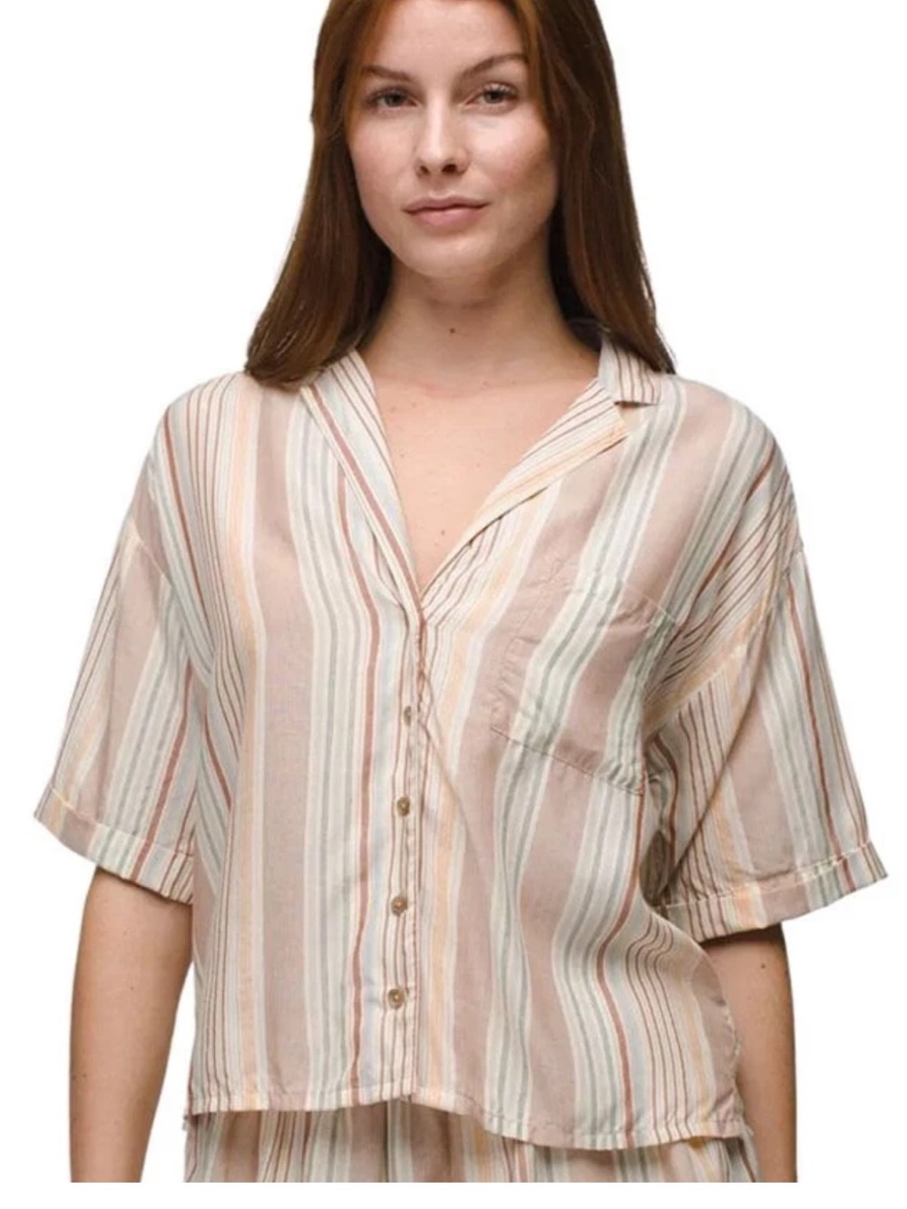 PRANA Iguala Women’s Tencel Boxy Cropped Button Down. Striped. Outdoor. Travel.